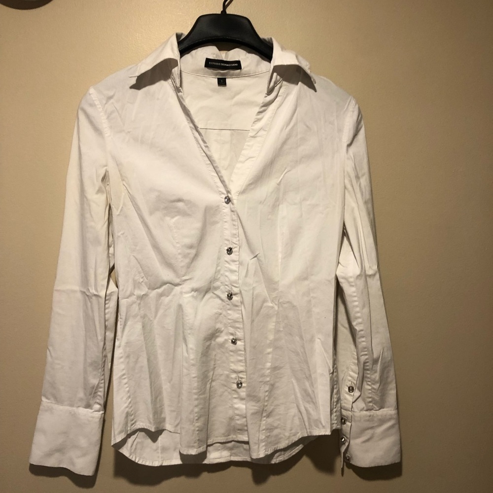 Express Design Studio White Stretch Blouse Crystal Buttons Size Small